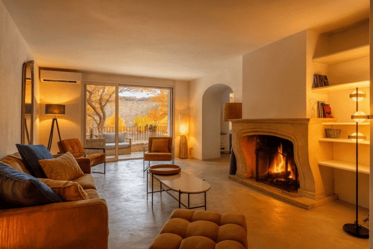 Warm living room in a Provençal villa with a lit fireplace and view of autumn trees in the Luberon, France.