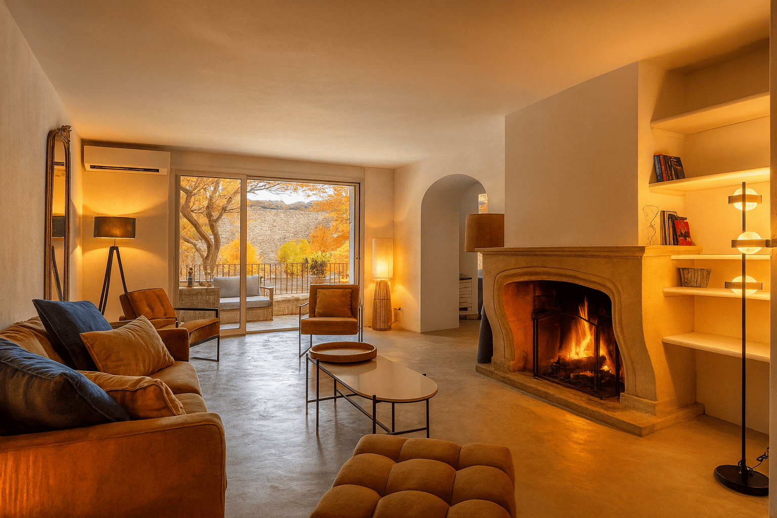 Warm living room in a Provençal villa with a lit fireplace and view of autumn trees in the Luberon, France.