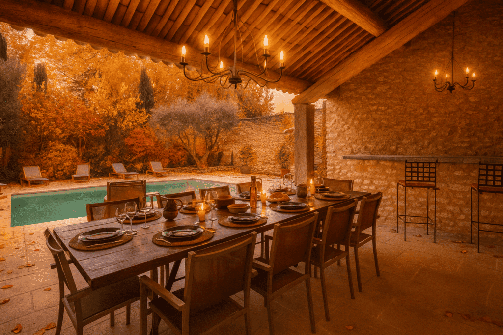 Stone villa in Gordes, Luberon, with private pool surrounded by trees in warm autumn light.